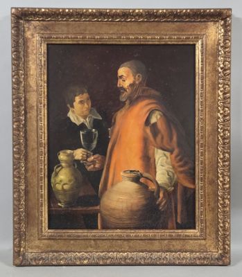 an old painting of a man holding a glass of wine next to another man