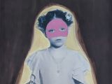 un tableau représentant une petite fille portant un masque rose