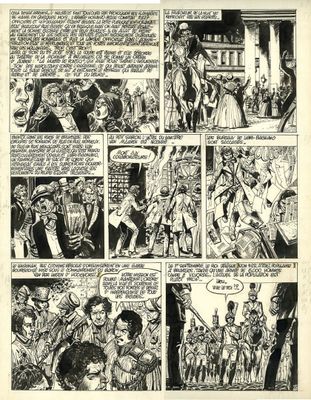 une page en noir et blanc tirée d'une bande dessinée, sur laquelle figure l'image d'un groupe de personnes