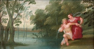 tableau représentant une femme et un enfant dans un paysage boisé avec un étang