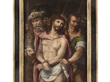 a painting of jesus on the cross with other men