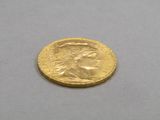 a close up of a gold coin on a white surface