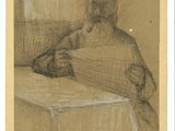 dessin représentant un homme assis à une table, la main posée sur le menton