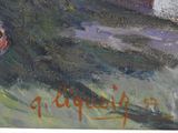 a painting of a boat on the water with a red boat in the background