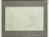 an old drawing of a man and a woman sitting on a bench