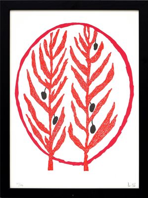 painting of a baseball field with a red and black design