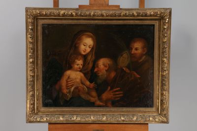 painting of a man holding a baby and a woman holding a child