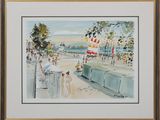 aquarelle encadrée représentant une scène de plage avec des personnes sur la plage