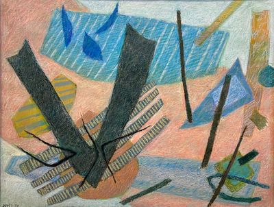 peinture représentant une scène de plage avec un bateau et des voiliers
