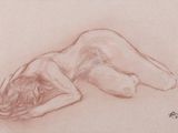 drawing of a nude woman laying on her back on a beige surface