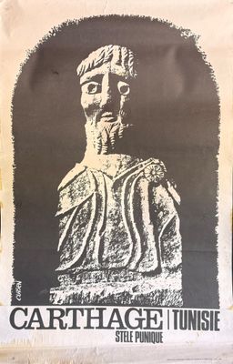une affiche représentant la statue d'un homme accrochée à un mur