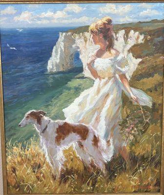 une peinture à l'huile représentant une femme et un chien dans un champ