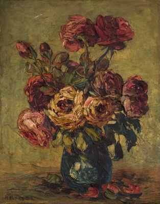une peinture de fleurs dans un vase bleu sur une table