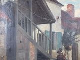 un tableau représentant une femme debout devant une maison
