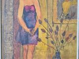 un tableau représentant une femme en robe violette à côté d'un vase de fleurs
