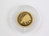 une pièce d'or dans un étui en plastique transparent posé sur une surface blanche