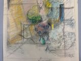un dessin d'un vase de fleurs sur une table