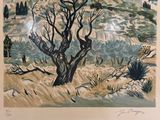 une peinture d'un arbre au milieu d'un champ