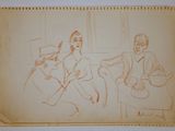 un vieux dessin représentant un homme et une femme assis sur un canapé