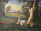 un tableau représentant un canard et deux canards dans un champ