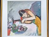 painting of a woman sitting at a table with a plate of food