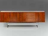 an image of a wooden sideboard with metal legs and drawers