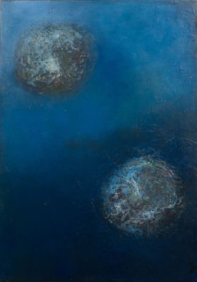 an image of a painting of two circles on a blue background