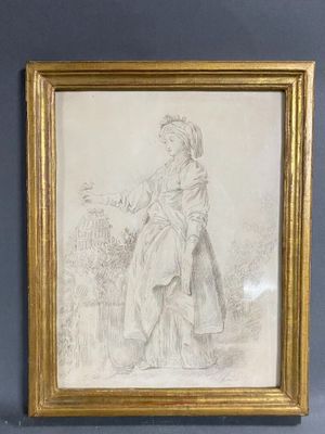 a drawing of a woman sitting on a bench in a gold frame
