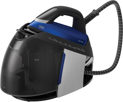 un fer à repasser à vapeur noir et bleu posé sur un plan de travail blanc