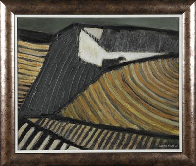 une image d'une peinture représentant une maison sur une colline