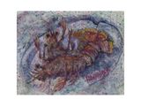un tableau représentant un homard dans une assiette posée sur une table