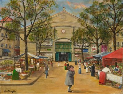 un tableau représentant un marché avec des gens qui s'y promènent