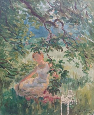 une peinture à l'huile représentant une femme assise sous un arbre dans un champ