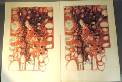 Serge DEMARCHI (né en 1934). Visages sur fond rouge. Deux li…