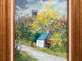 an oil painting of a country road with a church in the background