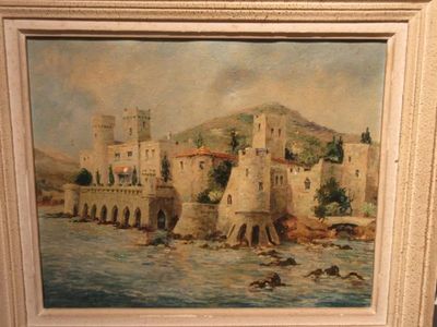 une photo d'un tableau représentant un château au bord de l'eau