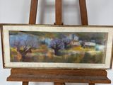 une peinture à l'huile représentant un paysage, posée sur un chevalet, sur fond blanc