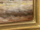 an oil painting of a boat in a body of water on a beach