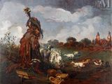 tableau représentant une femme à cheval dans un champ parsemé de moutons