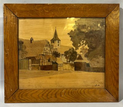 un vieux tableau représentant un village avec une église en arrière-plan