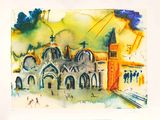une aquarelle représentant un bâtiment avec une tour horloge