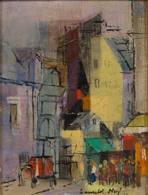 une peinture à l'huile représentant une scène de rue en ville avec des passants qui marchent dans la rue