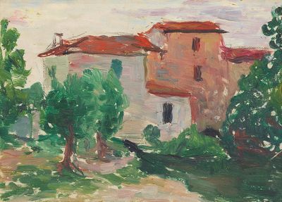 an oil painting of a house and trees in a field