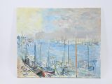 une peinture représentant des bateaux dans un port, sur l'eau