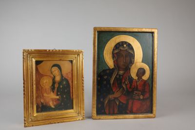 deux tableaux encadrés représentant la Vierge à l'Enfant, dans des cadres dorés