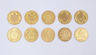 six different types of gold coins on a white surface