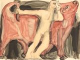 un tableau représentant un homme debout à côté de deux vaches