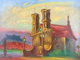 painting of a painting of a church with a clock tower in the background