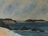 peinture représentant une plage avec des rochers et un plan d'eau