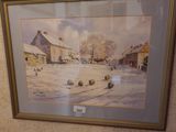 framed picture of a painting of a farm scene with a barn in the background